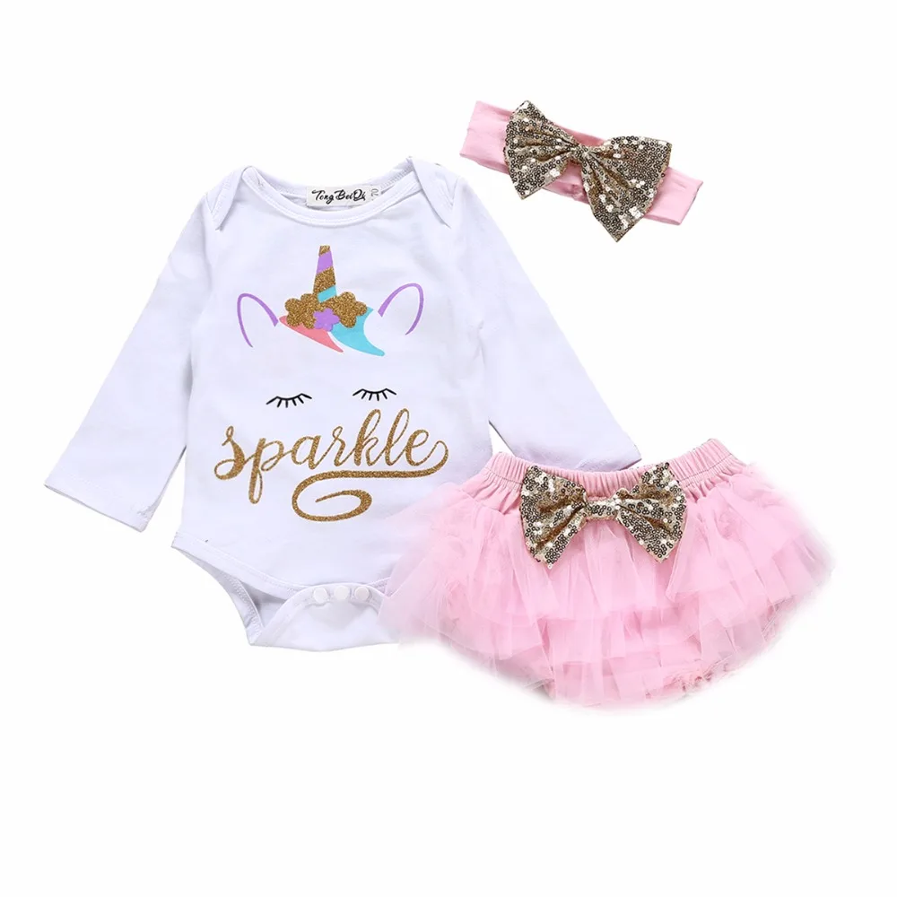 Summer Infant Baby Girl Clothes Set Unicorn Cotton Top Romper Pink Tutu