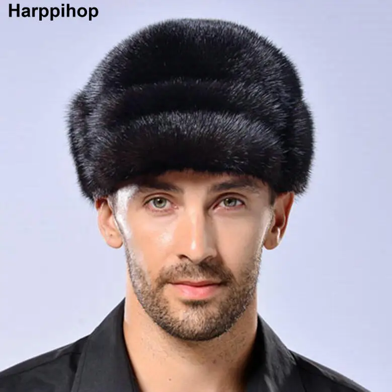 Мужская зимняя меховая шапка, модная зимняя меховая шапка из меха норки, теплая Рождественская шапка, подарок для шоу, мужская шапка - Цвет: Черный