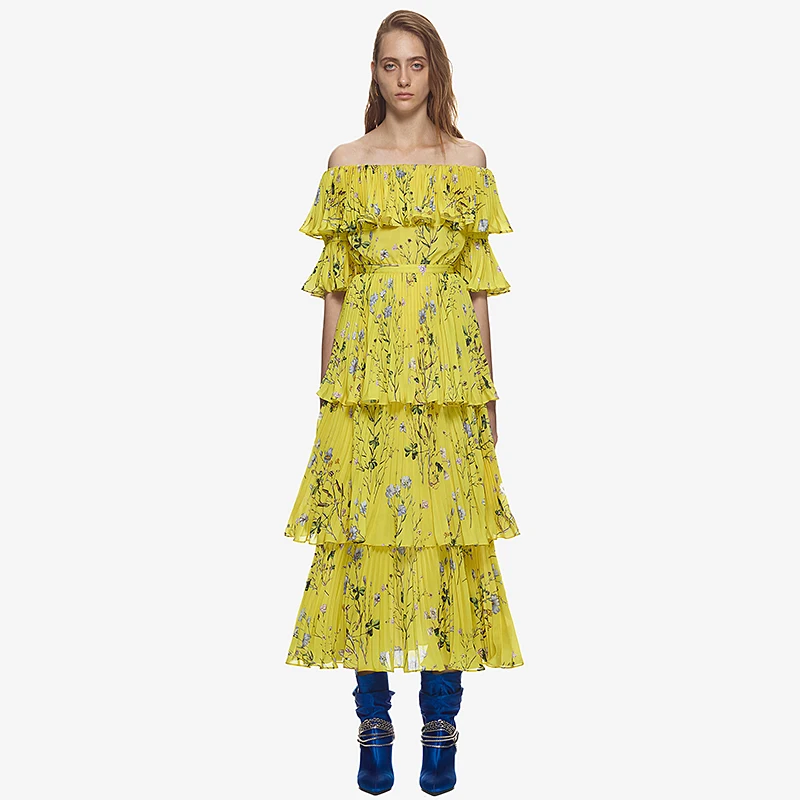 

UK Self portrait Women Bohemian Off Shoulder Runway printing Long Dress women Cascading Ruffle Pleated Maxi Chiffon Summer Dress