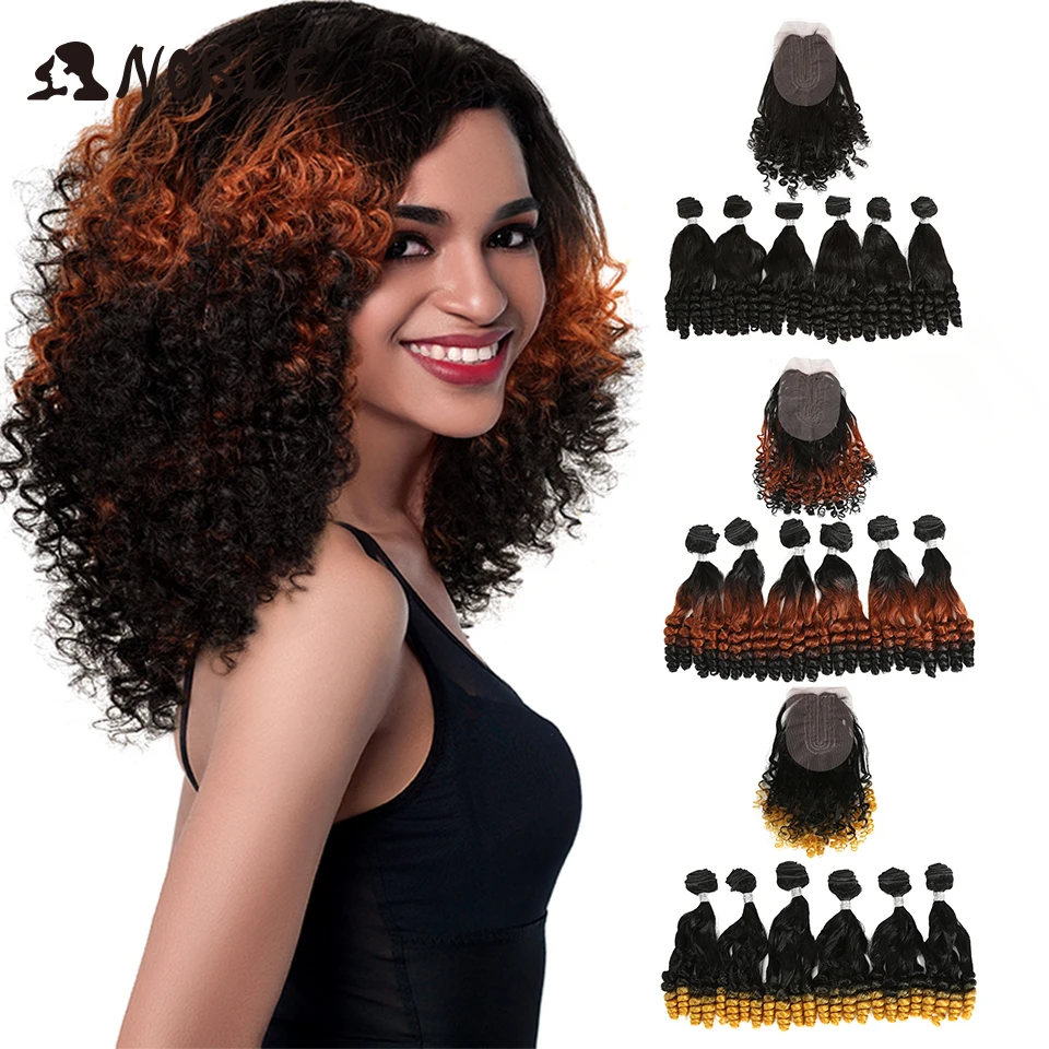 Pacotes de Extensões para Preto Frente do Laço com Fechamento Nobre Cabelo Sintético Afro Kinky Encaracolado Ombre Feminino