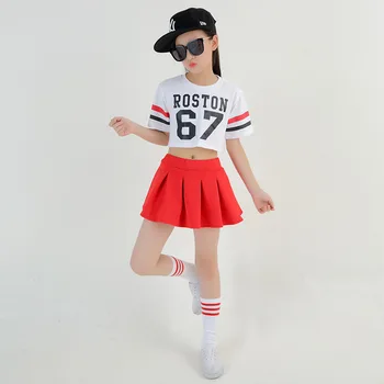 Kid Hip Hop Clothing Dancing Costume White Cropped Tops Sweatshirt Red Skirt for Girls Jazz Dance Clothes Ballroom T Shirt Wear 1