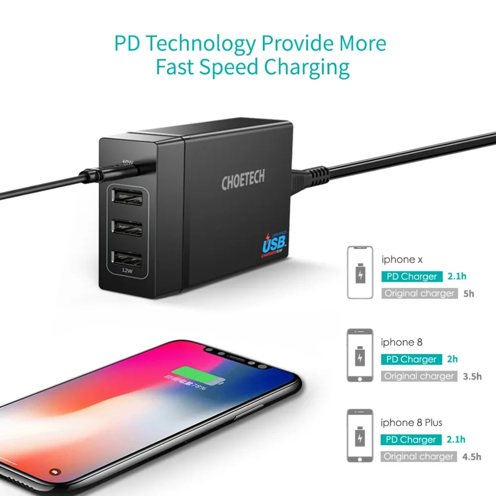  CHOETECH Usb Multi cargador USB C 72W 4 Puerto USB tipo C de la policía de la estación de cargador 