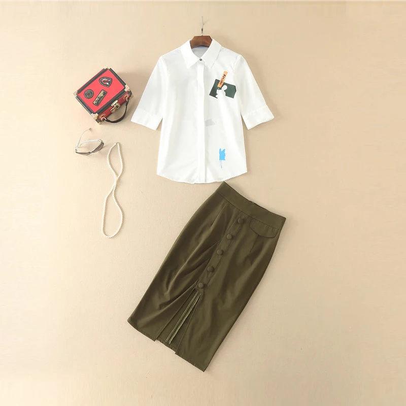 2017 Latest Verão New Arrival Casual Turn down Collar Meia Manga Da Camisa Branca + Saia Assimétrica Mid Calf terno Mulheres 12185