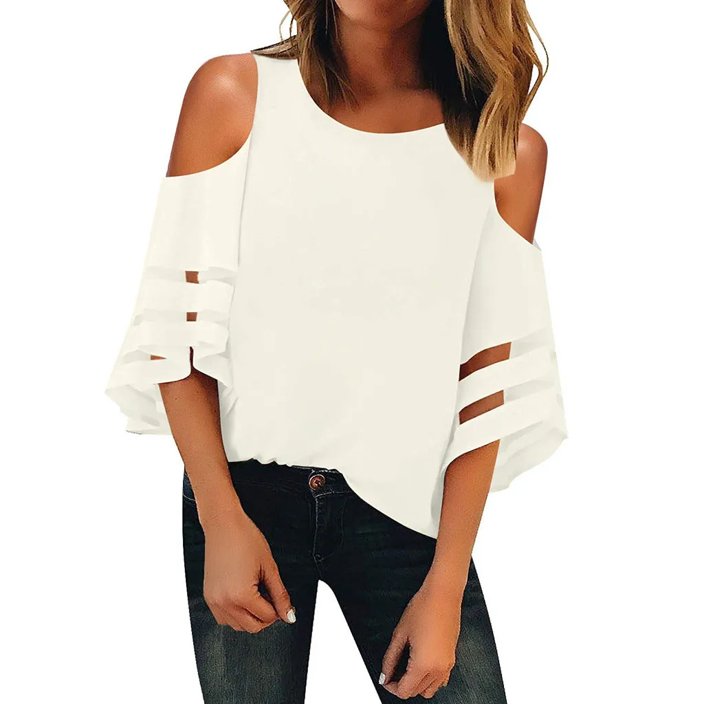 

Shirt Women Women Off Shoulder Round Neck Solid Mesh Panel Blouse Casual Loose Shirt Top blusas femininas de ver o 2019 camisa