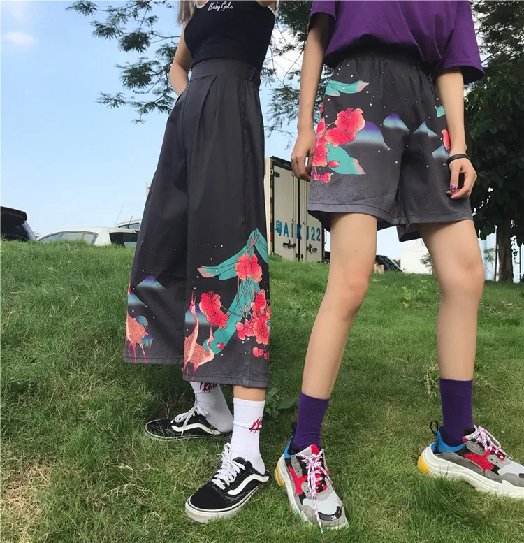 

Summer Crane Printed Original Bf Wind Day Line Wide Legs Loose Waist Pants Men and Women harajuku pants women streetwear