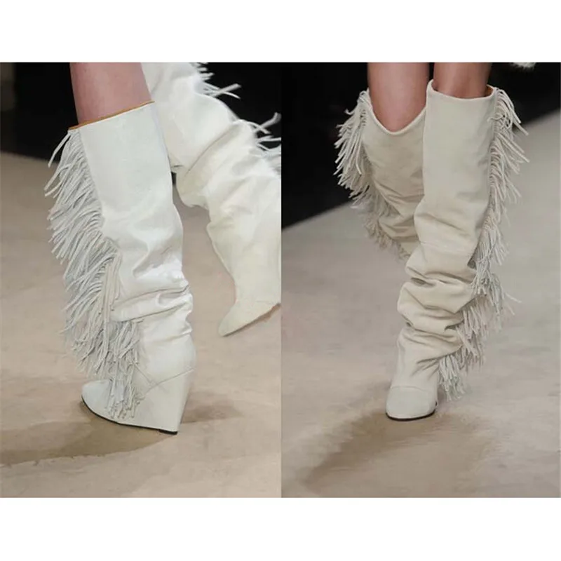 Mujer Haute Botines Pic En Pic Roi Tassel Daim Emma as Hiver Talons Clouté Défilés Genou Bottes As Chaussures Cuir Femmes Wedge De OXlwkuPZiT