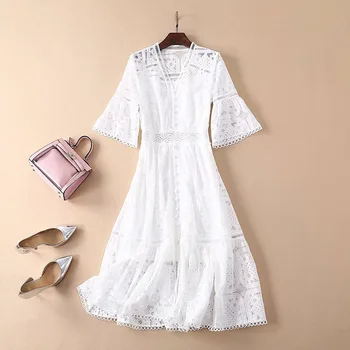 

Cocochoose women girls hollow out lace white dress lolita style flare sleeve V-neck button front summer dresses 2019 new