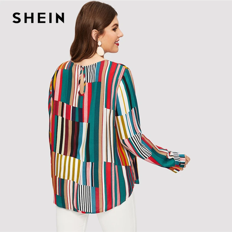 SHEIN Размер Плюс Блузка В Полоску Женская Многоцветная Повседневная Полосатая Блузка С Длинными Рукавами И Круглым Вырезом