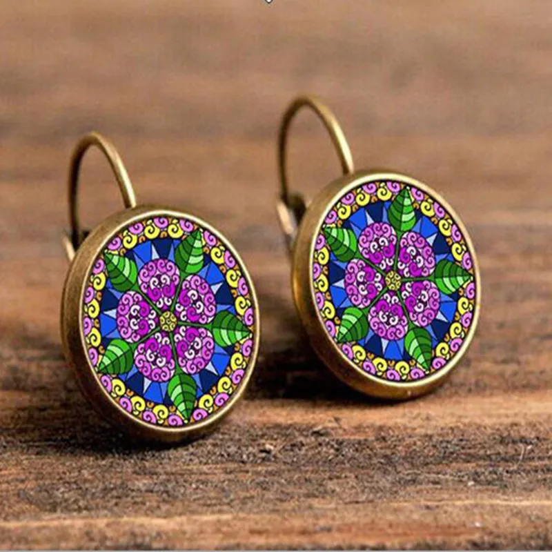 

Mandala Flower Convex Round Glass Bronze Silver Convex Round Earrings Fashion Jewelry 2019 New