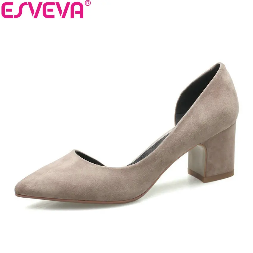 

ESVEVA 2017 Women Pumps Square Heels Western Style Pointed Toe High Heels Shoes Slip on Concise Pumps Shoes Women Size 34-39