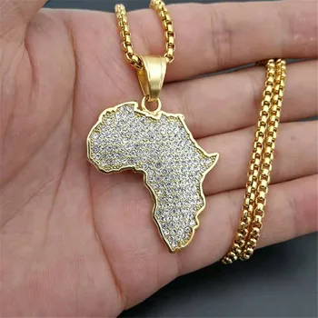 

Hip Hop Iced Out African Map Necklaces Pendants Gold Color Stainless Steel Chain For Women/Men Ethiopian Jewelry Africa XL1224