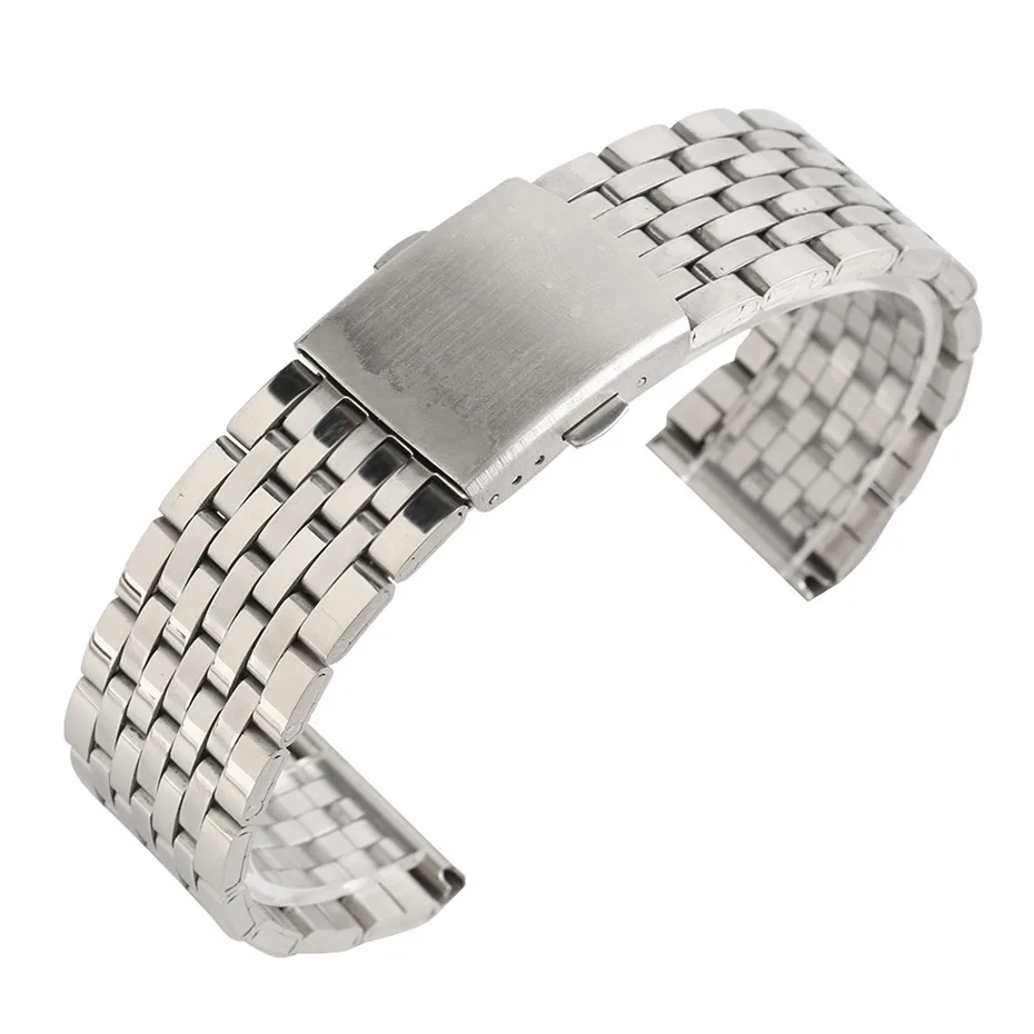 18/20/22mm Silver Hollow Stainless Steel Watch Strap Folding Clasp with Safety Band for Men
