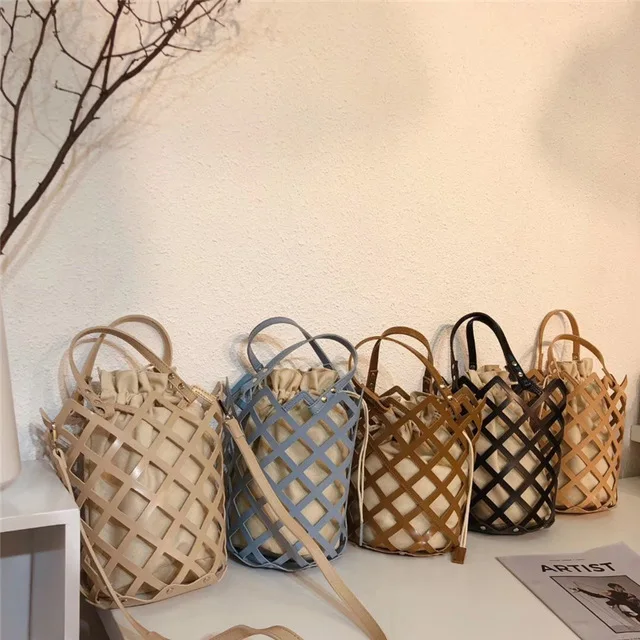 

2PCS/SET Drawstring PU Leather Bucket Bag For Women 2019 Designer Small Hollow Crossbody Bags Ladies Shoulder Bags Handbags