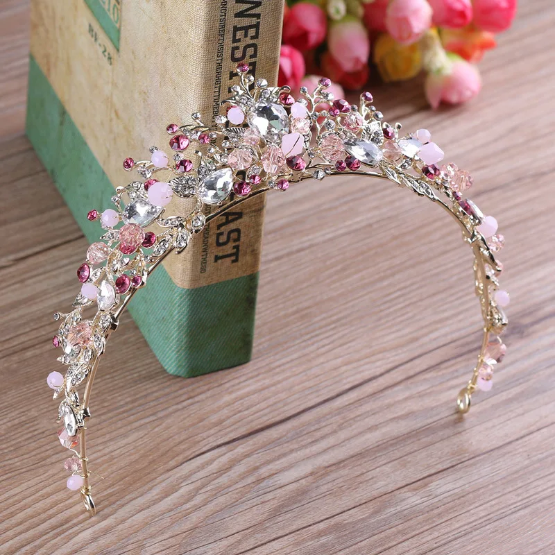 New white pink beads bridal crowns tiara bride headband crystal rhinestone diadem queen crown wedding hair accessories,Other New white pink beads bridal crowns tiara bride headband crystal rhinestone diadem queen crown wedding hair accessories,Other