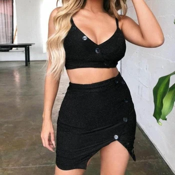 

2 Piece Set Women Fashion Summer Sexy Sling Gold Wire Folding Button Decoration Casual Ladies Skirt Female Sets