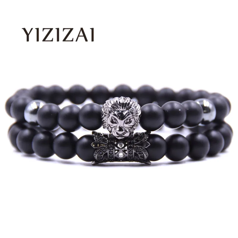 

YIZIZAI New Fashion Lion Black Matte Stone Jewelry Stretch Women & Men Pulseira Masculina Bilekli Femme Elastic Bracelet Set