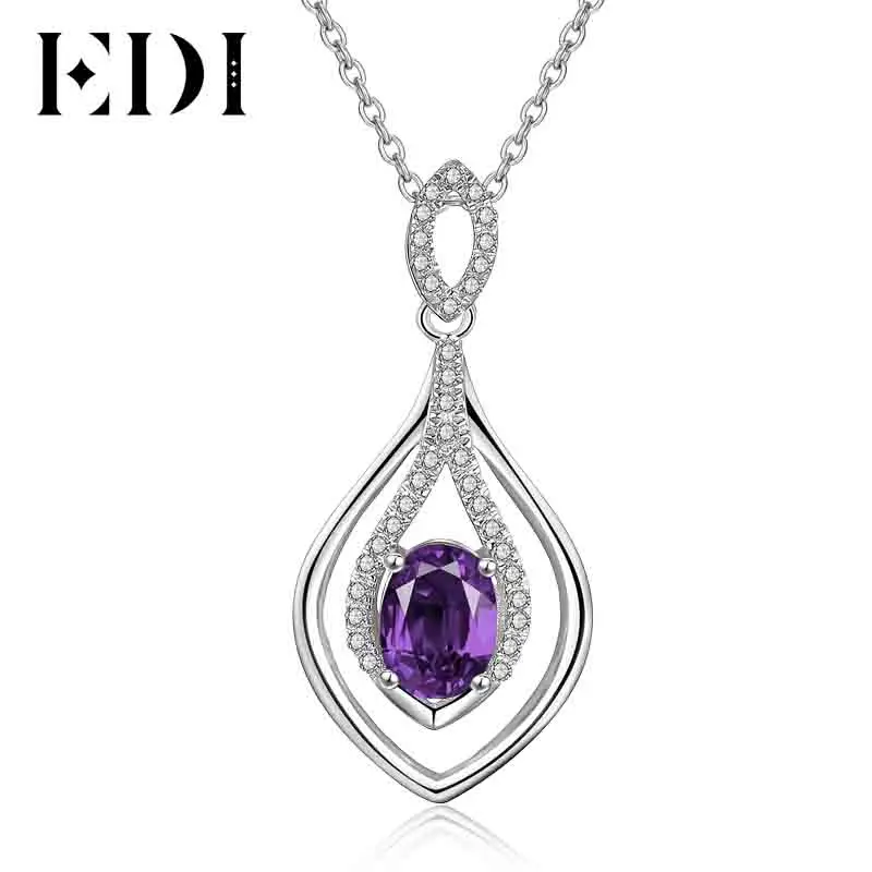 EDI Овальный 2ct натуральный фиолетовый драгоценный камень аметист кулон 925 пробы Серебряная цепочка ожерелье камень рождения ювелирные украшения для женщин - Цвет камня: Фиолетовый