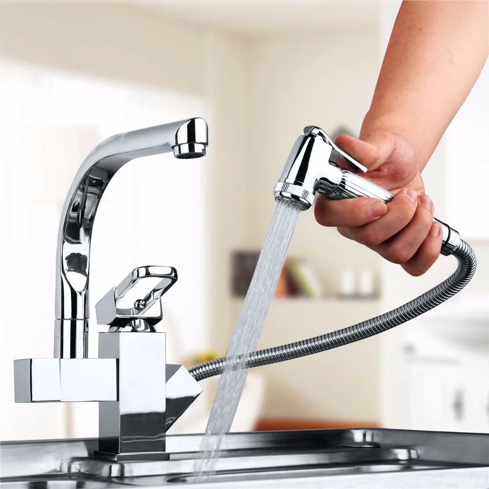 Brass Kitchen Faucet Swivel Spout Chrome Kitchen Sink Mixer Tap Pull Out Spray Swivel Spout Vessel