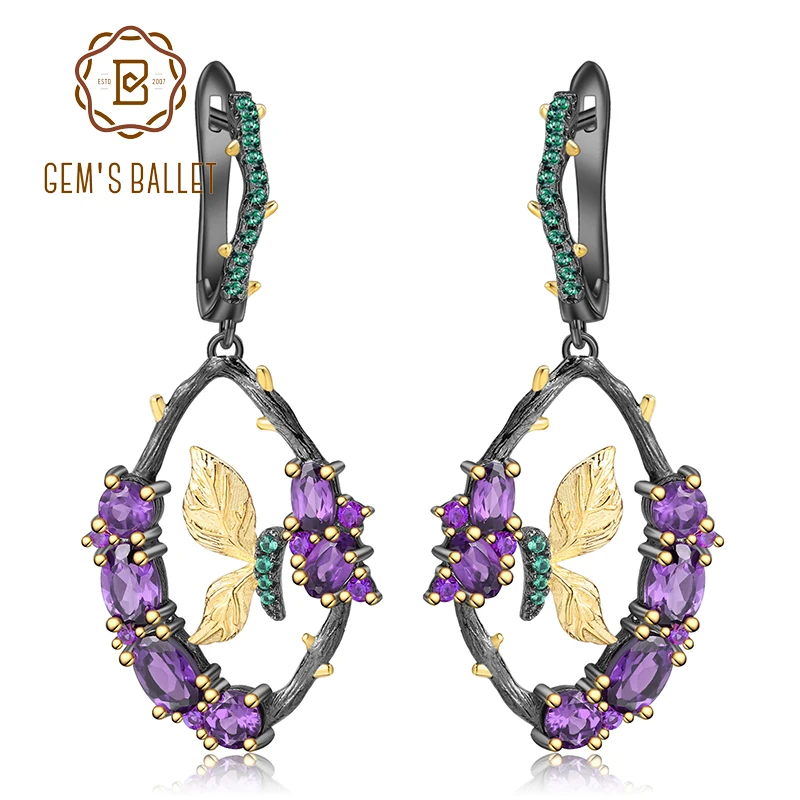 

GEM'S BALLET 4.08Ct Natural Amethyst Earrings 925 Sterling Silver Handmade Branch Butterfly Drop Earrings for Women Fine Bijoux