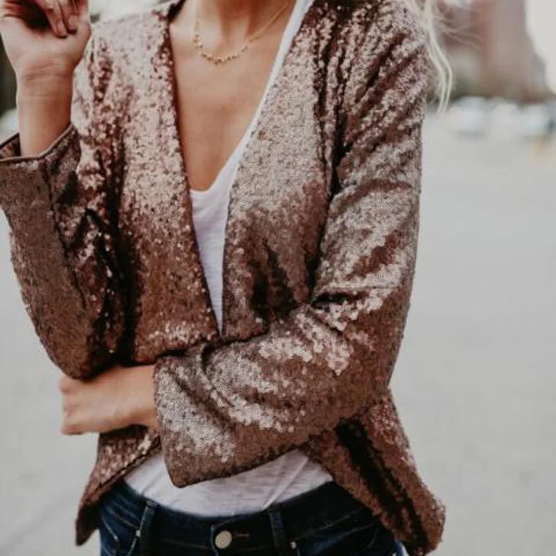Autumn Fashion Women Gold Sequined Coats Turn down Collar Long Sleeve
