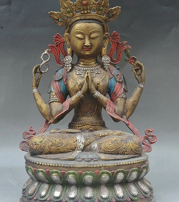 

18" Tibet Buddhism Bronze Paint 4 Arms Avalokitesvara Goddess Bodhisattva Statue