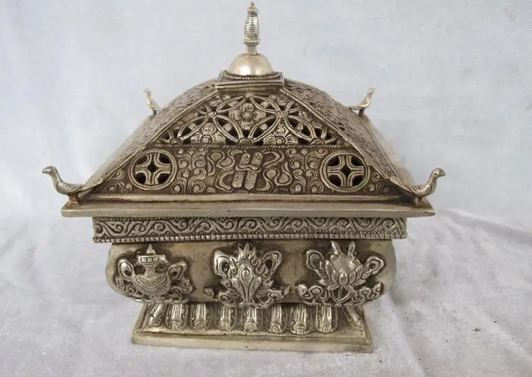 

Tibet Folk Silver carved Buddhism Eight treasures Symbol Square Incense Burner