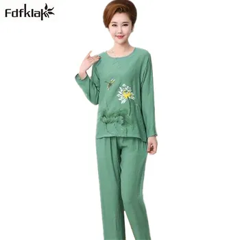 

XL-4XL Plus size winter pajamas long sleeve o-neck ladies cotton linen nightwear casual print pijama suit pyjamas women 8 colors