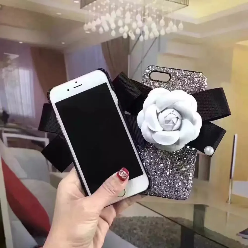 Роскошный Блеск 3D Цветок Телефон Case Для iPhone 7 Plus 6 s Плюс Камелии Крышка Жесткий PC