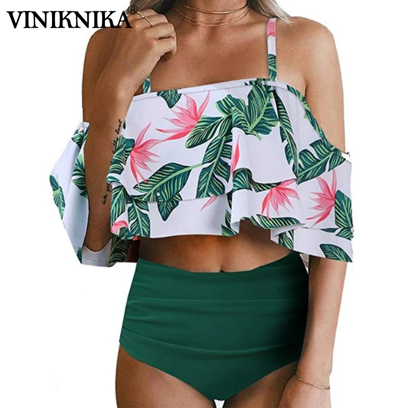 

VINIKNIKA Sexy Ruffle Print Bikini Set Women Off Shoulder Push up Padded Swimsuit Swimwear Beach Bathing Suits biquini 2019