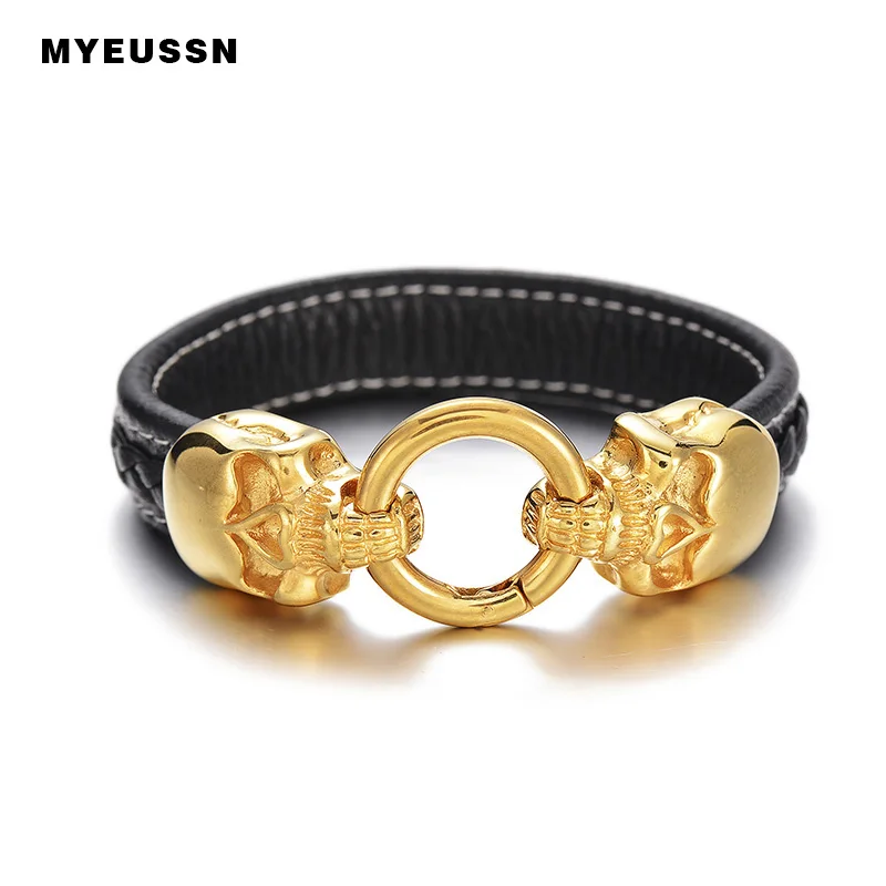 

Gold Skull Black Leather Genuine Gothic cuff Bracelet 316L Stainless Steel Hip Hop Jewelry For Men Father's Day Gift