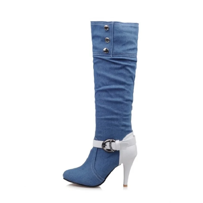 Женские джинсовые сапоги до колена с острым носком на высоком каблуке|boots ladies|knee