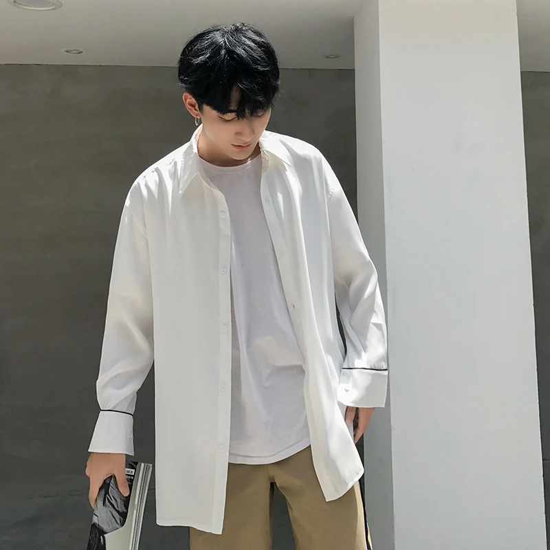2018 корейский Осень Новый Мужская Мода в сдержанном стиле популярные удобные черные/белые свободные Повседневное высокое качество рубашка