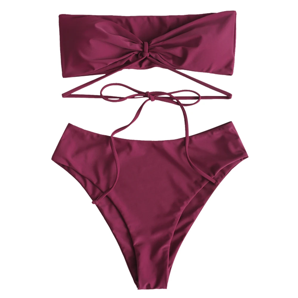 Velvet Maroon ZAFUL бикини Chocker купальники Для женщин высокие купальник цветочный принт комплект бикини пикантные тонкие бретельки бандо Biquni - Цвет: Velvet Maroon