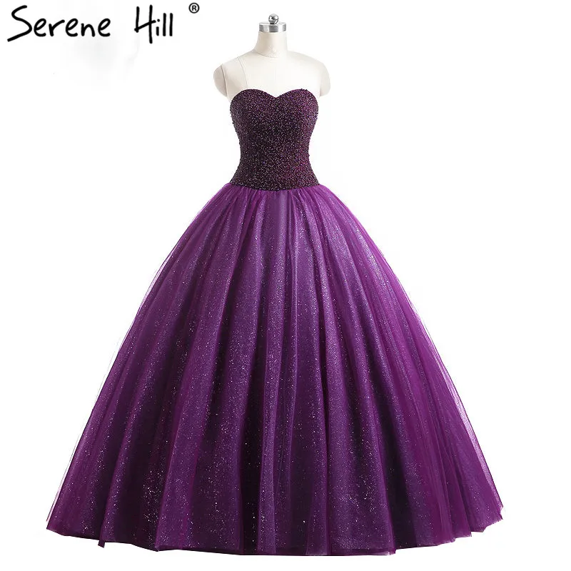 Real Picture Luxury Purple Beaded Pearls Diamond  ball  gown  