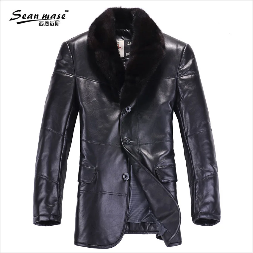 ems free ship 4X New men's winter Genuine sheep skin leather mink collar suit jackets real long