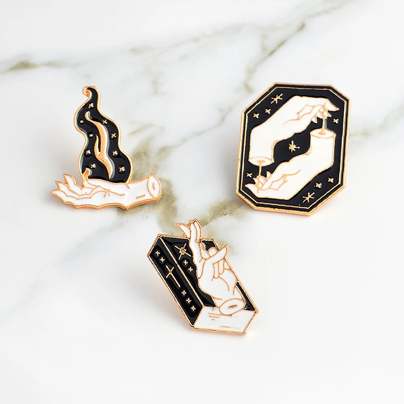 

Witch pin Halloween brooches Hand gesture hard enamel black lapel pin set Jacket collar hat accessories Magical Jewelry