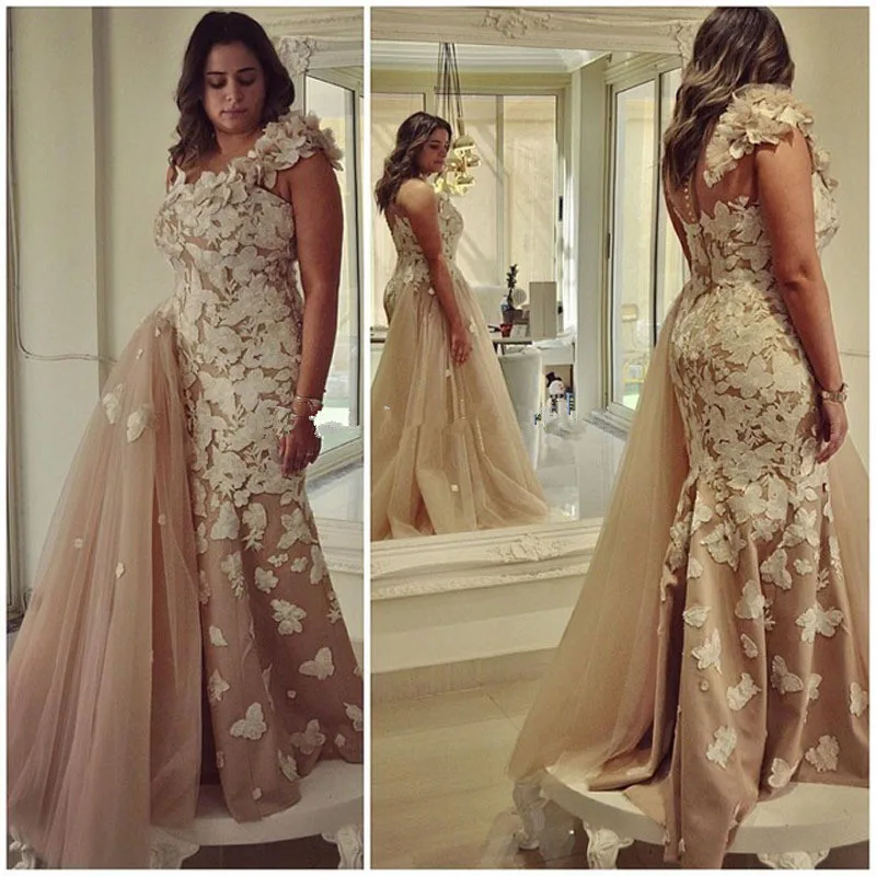 Elegant Champagne Evening Dress Satu Bahu Wanita  Gaun  