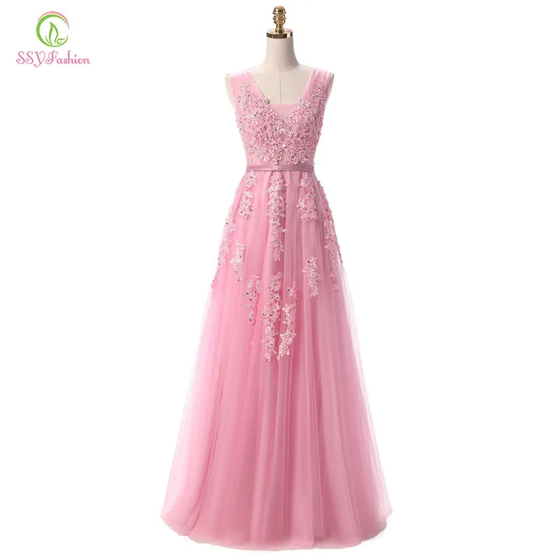 SSYFashion Hot Sell Sweet Light Blue Lace V-neck Lacing Long Evening Dress The Bride Party Sexy Backless Prom Dresses Custom dinner gown