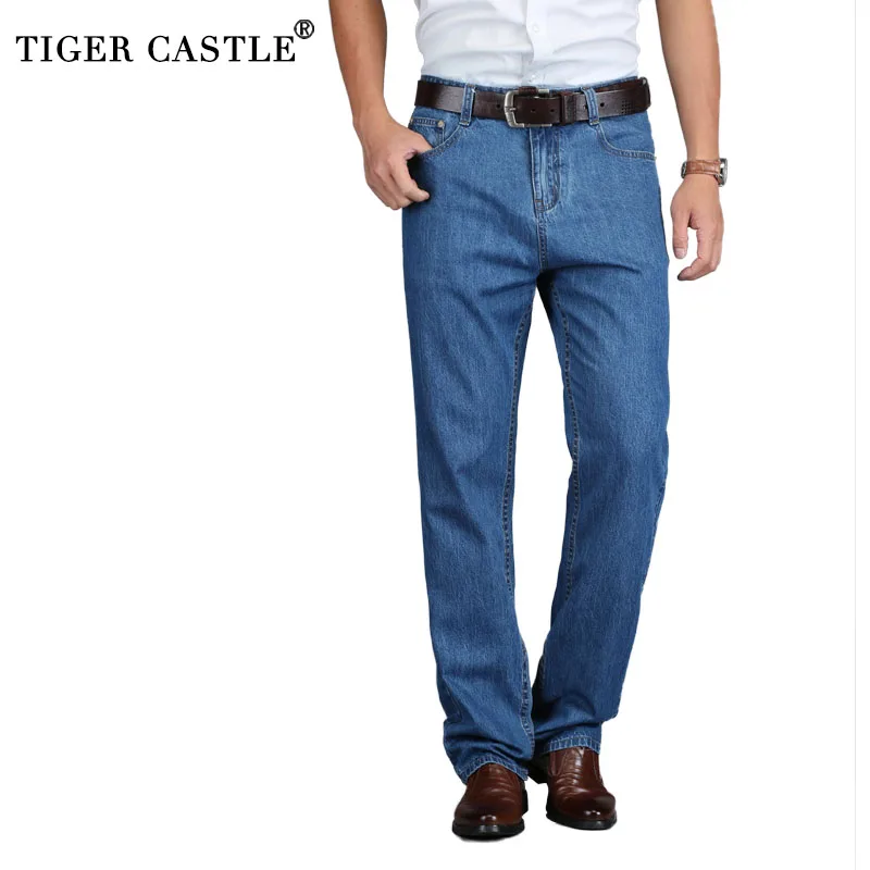 TIGER CASTLE 100% Cotton Summer Men Classic Blue Jeans Straight Long Denim Pants Middle-aged Male Quality Lightweight Jeans TIGER CASTLE 100% Cotton Summer Men Classic Blue Jeans Straight Long Denim Pants Middle-aged Male Quality Lightweight Jeans