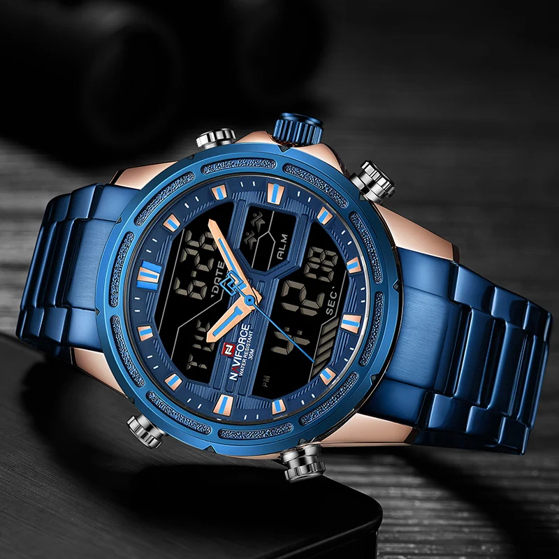 NAVIFORCE Мужские кварцевые светодиодный цифровые часы мужские синие полностью стальные военные наручные часы мужские водонепроницаемые часы
