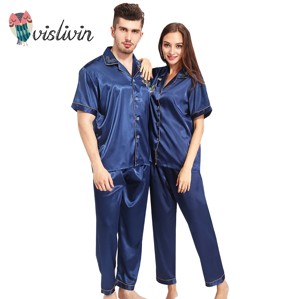Vislivin Couples Pajamas Sets Men Women Short Sleeve Sleepwear Long