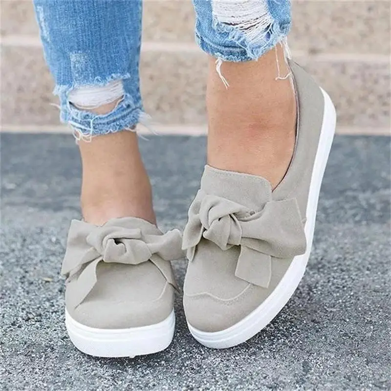 

ECN Woman Flat Shoes 2019 Autumn Girls Solid Cute Sneakers Canvas Shoes Bow-knot Casual Flats Ladies Sandals Round Toe Loafers