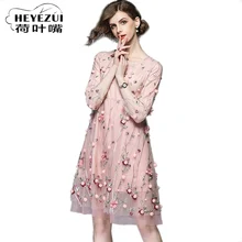 

HEYEZUI DL172 2018 O-NECK embroidery net loose dress