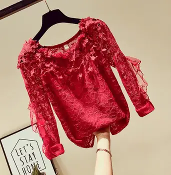 

Women's Spring Vintage Round Neck Lace Shirt Female Korean Fashion Elegant Chic Lace Tops Plus size Basic Tees TB663