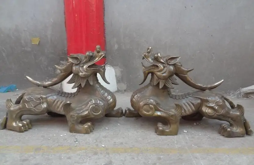 

S3585 23" Chinese Bronze Animals Sculpture FengShui Dragon Unicorn Kylin Statue Pair