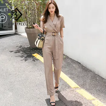 

2019 Women's Spring Loose Solid Jumpsuits Suit Collar Cotton Linen Belt Button Hight Waist Pocket Wide Leg OL Hot Sale S93908Z