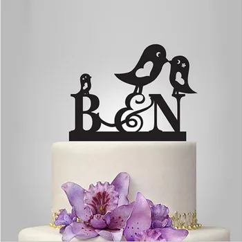 

Love Heart Hollow-Out Couple Birds with Initial Two Letters Wedding Cake Topper Custom Wedding Toppers Party Decoration