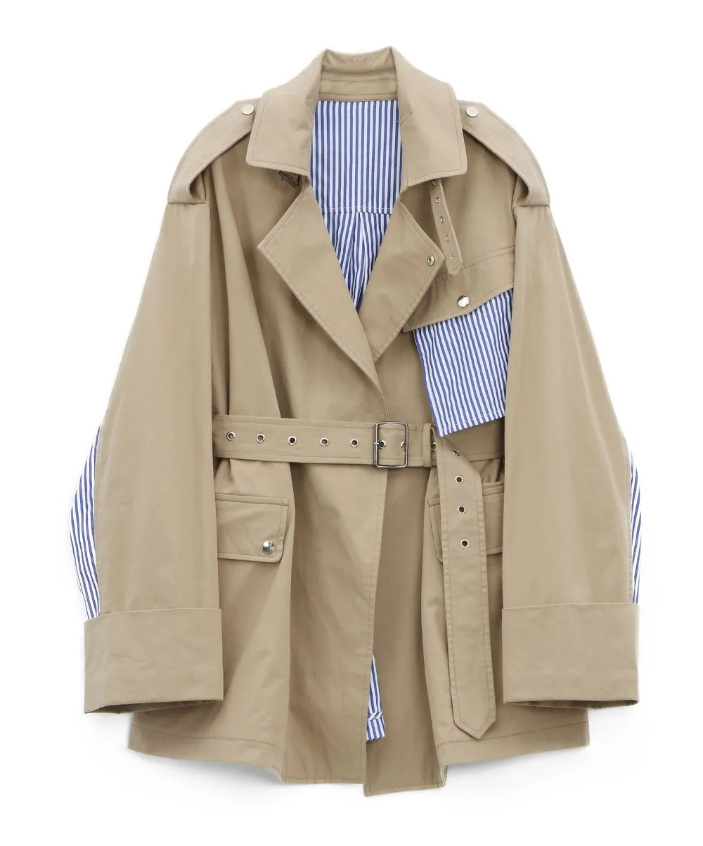 

2019 female new spring and autumn Korean version BF style outerwear fashion loose lapel stripe stitching trench