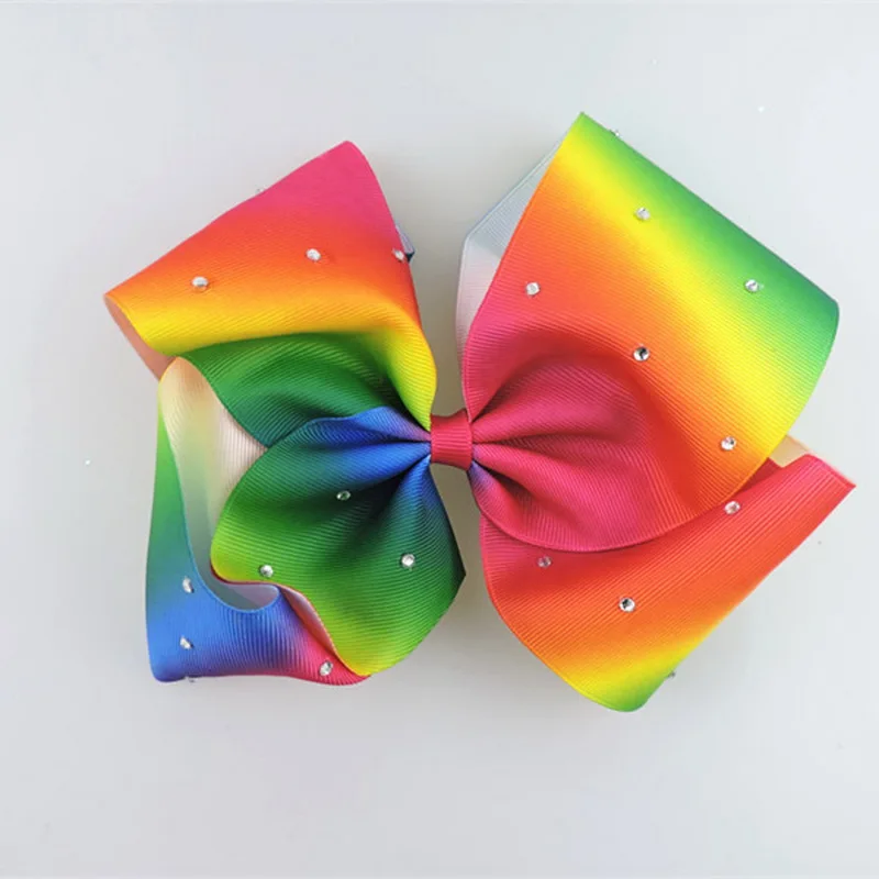 

New Arrival Rib Ribbon Handmade Rainbow Gradual Color Rhinestone Big Bowknot Hair Clip 7 Color Can Choose For Women