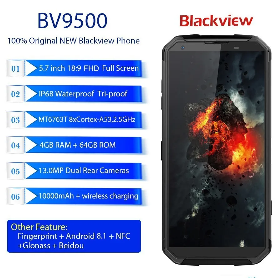 Blackview BV9500 IP68 водонепроницаемый ударопрочный 4G смартфон 10000 мАч Android 8,1 4 Гб+ 64 Гб Восьмиядерный 5," 13,0 МП мобильный телефон